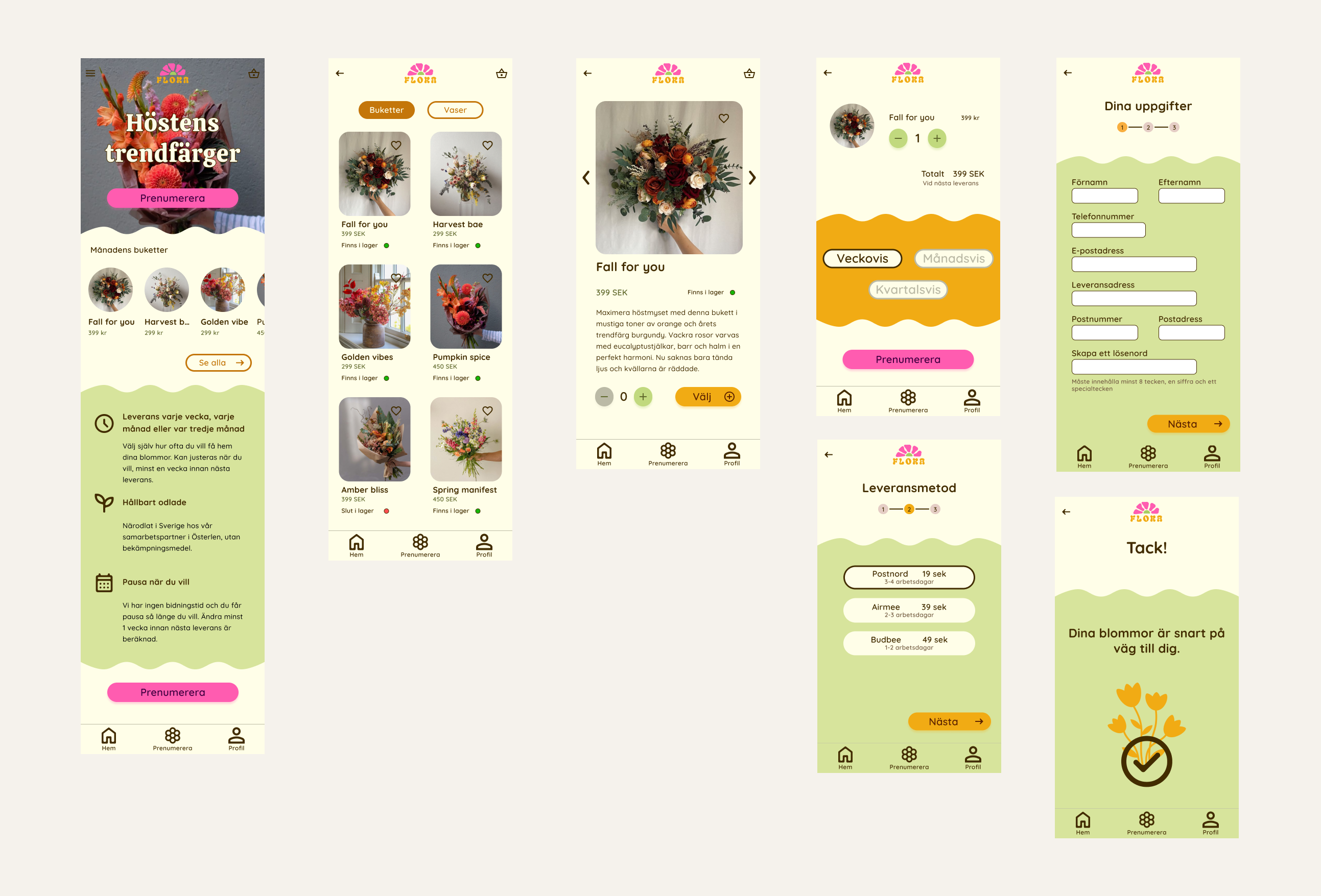The finished Flora screens in order: the start page with the month's bouquets and the delivery, sustainability and pause promises, the bouquet listing with stock written out beside each one, a bouquet page with its description and quantity, the basket with the weekly, monthly or quarterly choice, delivery method, the details form, and the confirmation